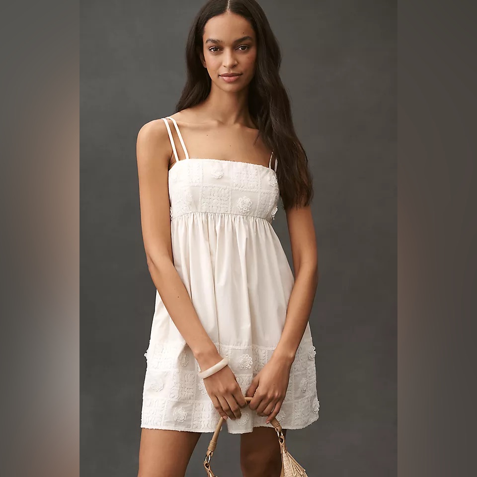 Anthropologie Embroidered Cotton Sleeveless Square-Neck Mini Babydoll Dress